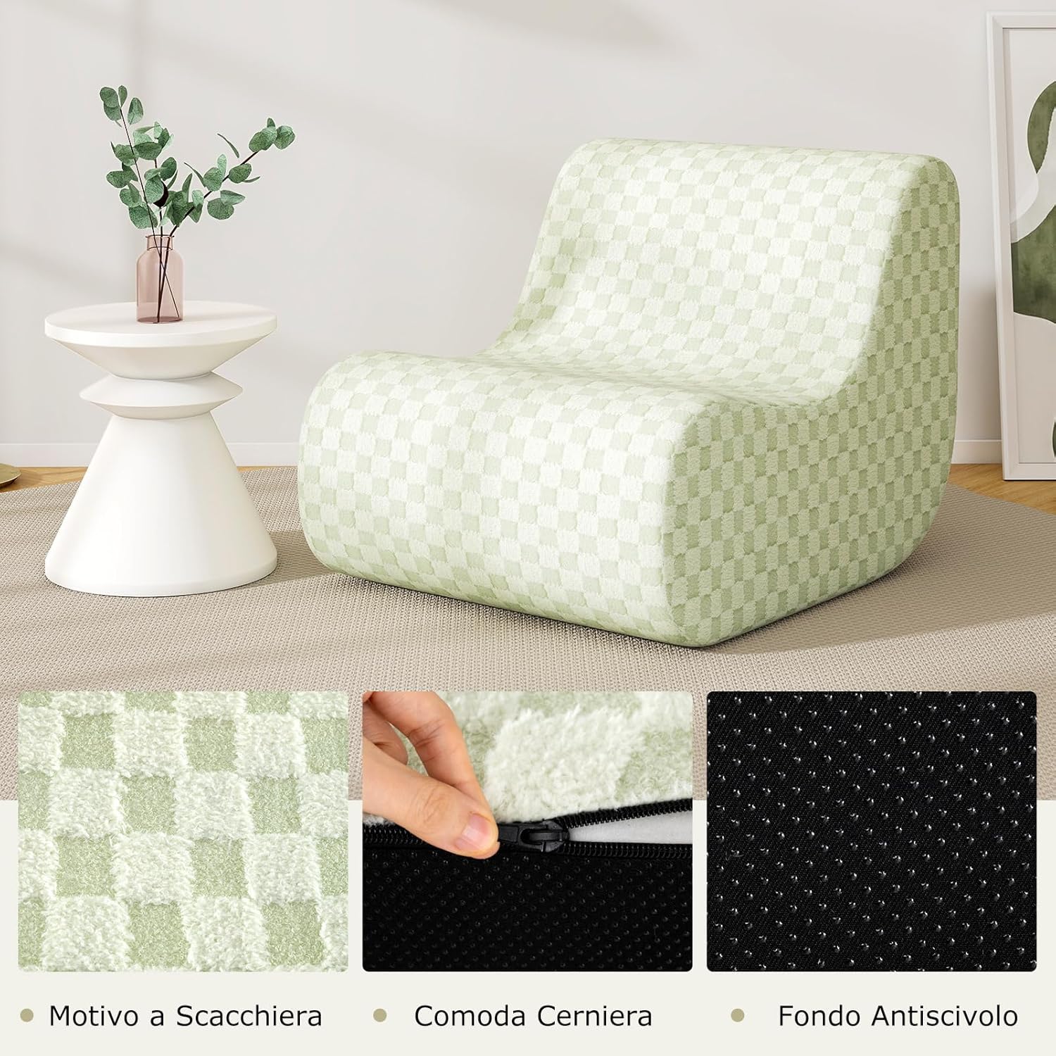 Sedia a Sacco con Pouf, Divano in Spugna ad Alta Elasticità, Fondo Antiscivolo e Copertura in Velluto Lavabile, Comoda Poltrona Pigra per Soggiorno Camera da Letto Sala Lettura (Verde)