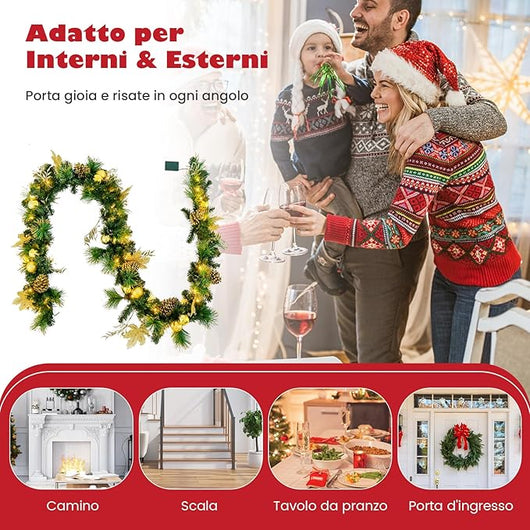 Ghirlanda Natalizia Artificiale Pre-Illuminata da 270 CM con Luci LED Bianco Caldo, Bacche & Palline & Fiori & Pigne Dorate, Decorazione Natalizia a Batteria per Interni ed Esterni