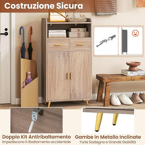 Mobiletto Bagno Salvaspazio 60 x 30 x 113 cm, Credenza Soggiorno con Ante, 2 Cassetti e Ripiano Regolabile, Armadietto da Cucina per Sala da Pranzo e Lavanderia (Grigio)