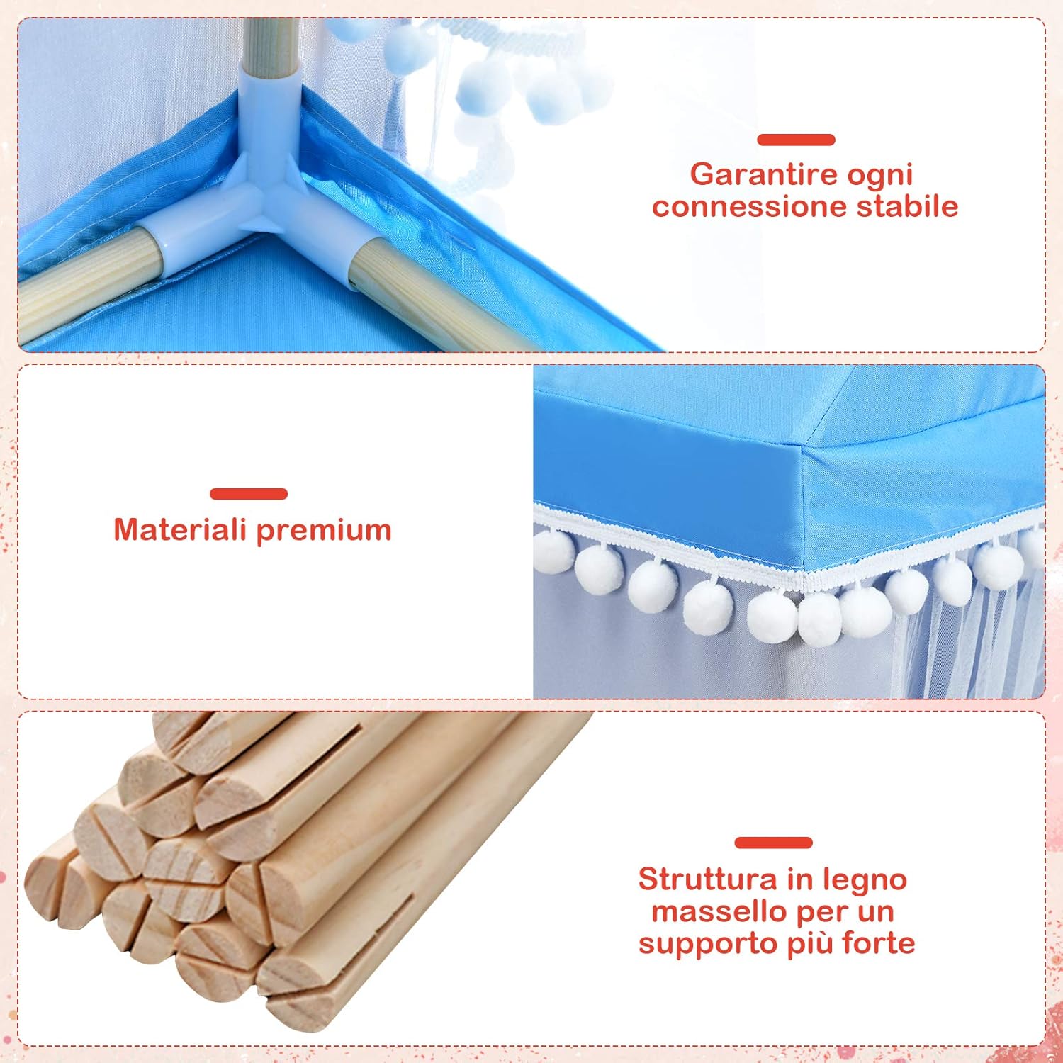 Tenda da Gioco Casetta per Bambini, Castello Giocattolo in Legno Cotone, con Struttura Stabile e Finestre Traspirabili, 105x120x140 cm (Azzurro)