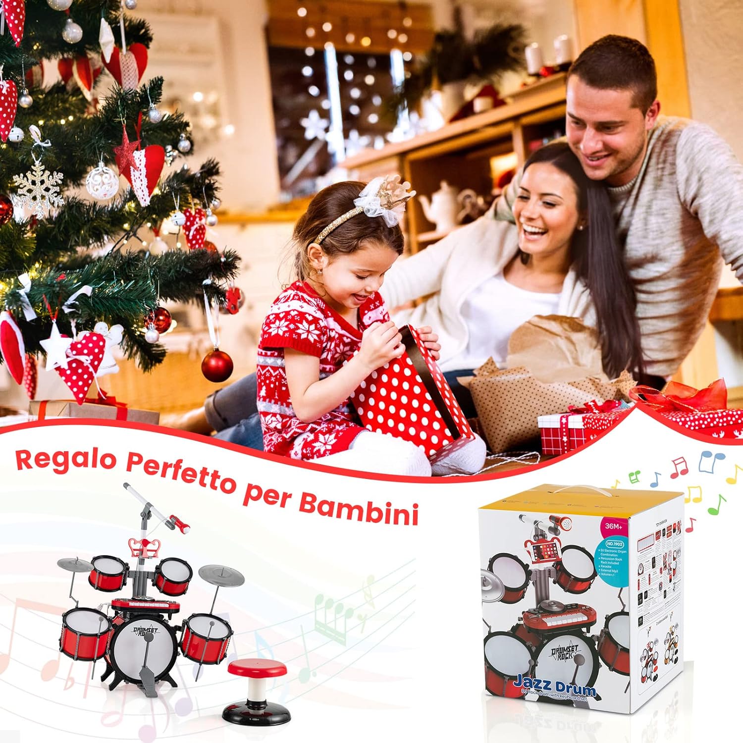 Set di Batteria per Bambini, Batteria Jazz con Tastiera Microfono e Leggio, Strumento Elettrico con Sgabello, Regalo per Bambini 3+ Anni, Rosso