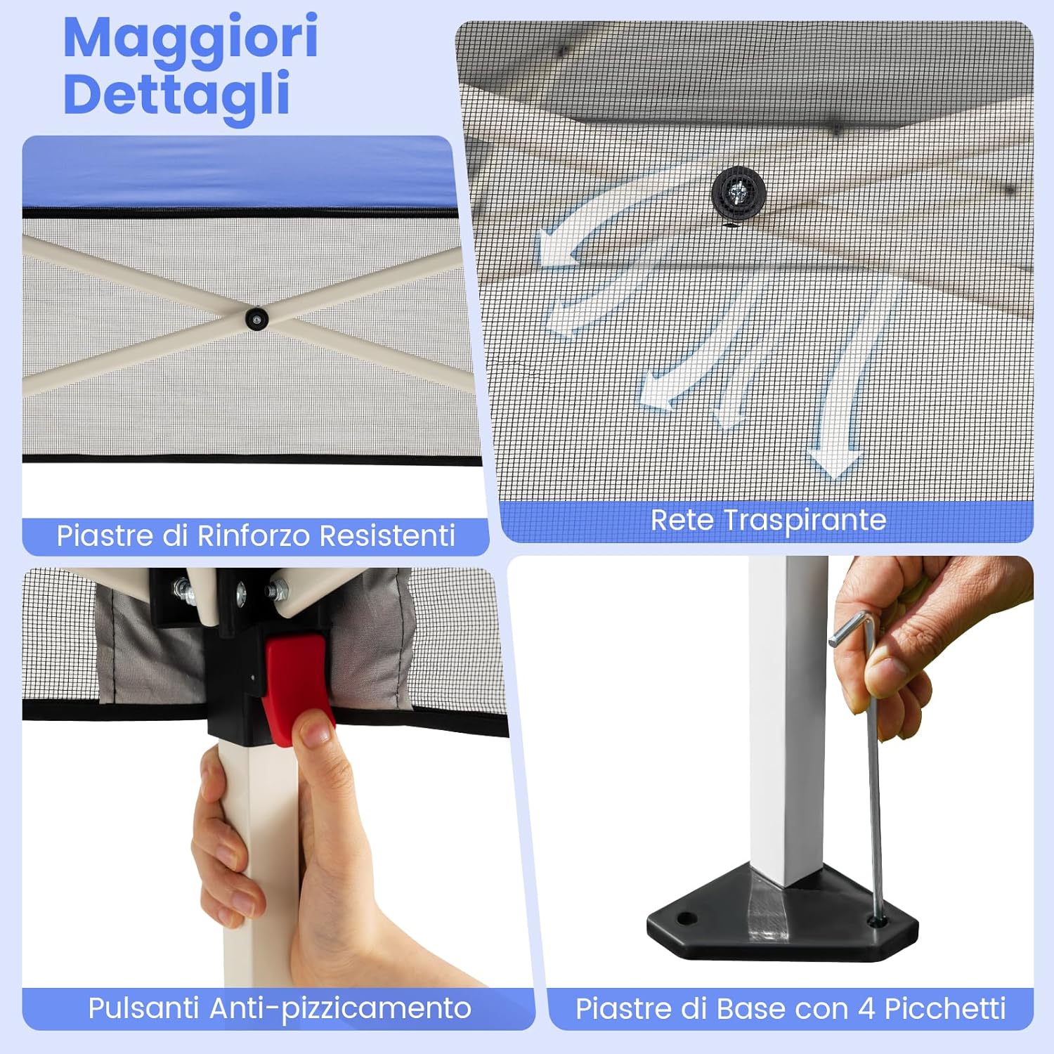 Gazebo Pop-up da Esterno 182 x 182 cm, Gazebo Pieghevole con 1 Parete Laterale, Gambe Inclinabili Regolabili e 4 Picchetti, Tendone Impermeabile per Feste, Campeggio e Picnic (Blu)