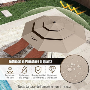 Ombrellone da Patio 313 cm con 32 Luci LED, Tetto Ventilato a 3 Piani, Inclinazioni Regolabili, Manovella, 8 Stecche, Ombrellone da Giardino, Piscina, Spiaggia