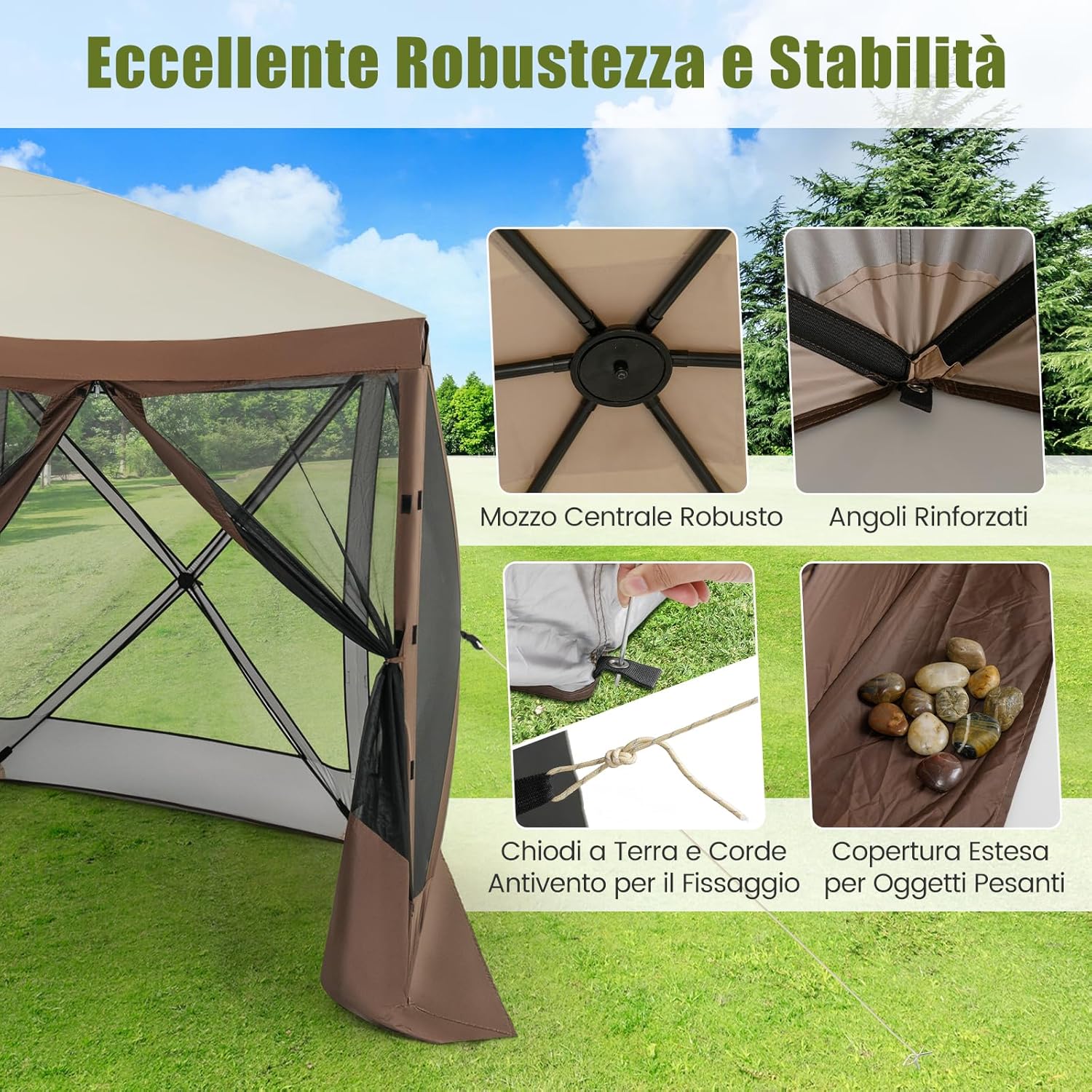 Gazebo da Giardino Pop-Up 3,5 x 3,5 m, Tenda da Giardino a 6 Lati con Tetto Ventilato e Manico, 2 Pareti Rimovibili, Rete a Maglia, Borsa da Trasporto per Patio, Giardino, Campeggio