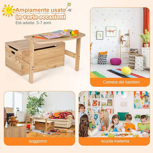 Cassapanca Contenitore 3 in 1 per Bambini Trasformabile in Legno con Scatola dei Giocattoli, Tavolo bambini con Sedie Multifunzione per 3-7 Anni (Naturale)