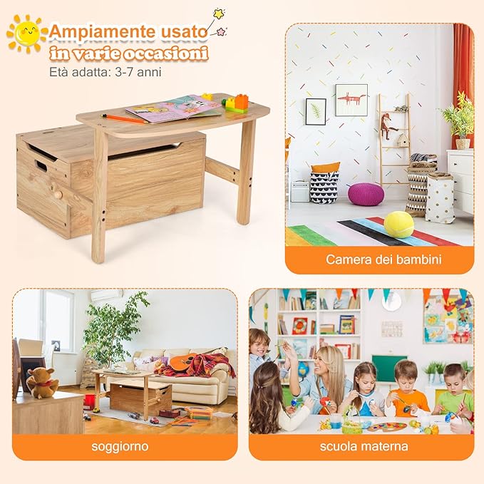 Cassapanca Contenitore 3 in 1 per Bambini Trasformabile in Legno con Scatola dei Giocattoli, Tavolo bambini con Sedie Multifunzione per 3-7 Anni (Naturale)