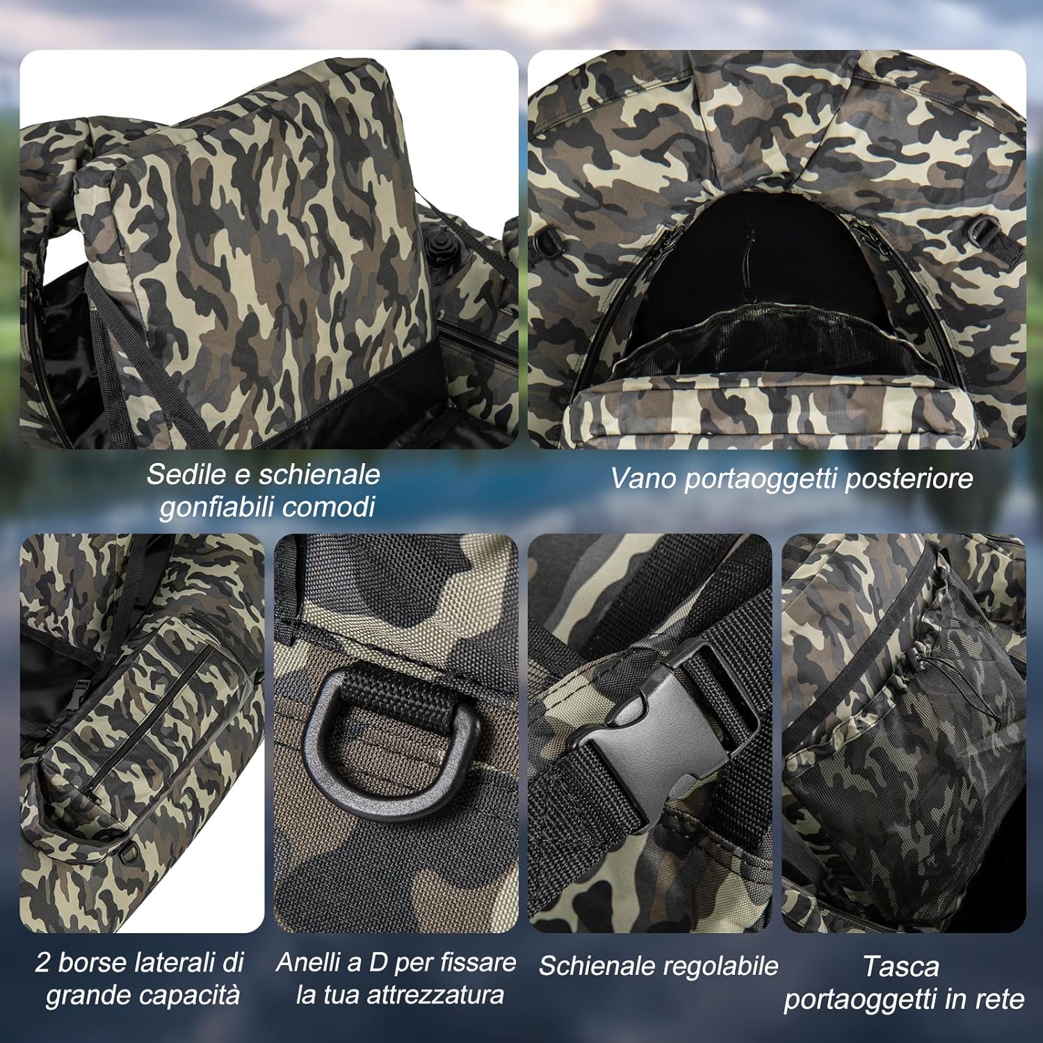 Gommone Gonfiabile da Pesca, Barca da Pesca Portatile con 2 Pinne, Pagaia in Alluminio, Pompa, Spallacci Regolabili e Kit di Riparazione, Schienale Regolabile, capacità di Carico 150kg