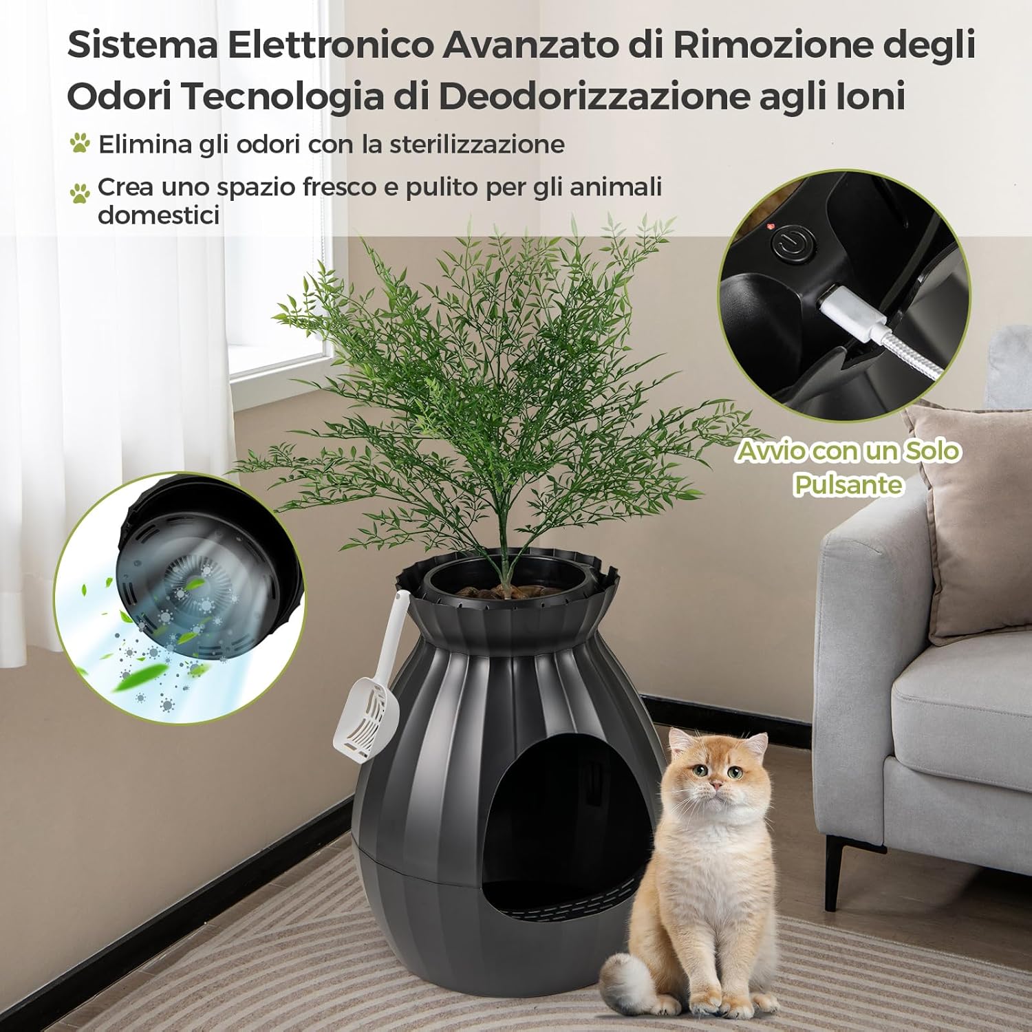 Lettiera per Gatti Smart con Rimozione Elettronica degli Odori e Sterilizzazione, Pianta Finta, Ciottoli, Tenda per la Porta, Paletta, Adatta per Gatti Grandi e Cuccioli (Nero)