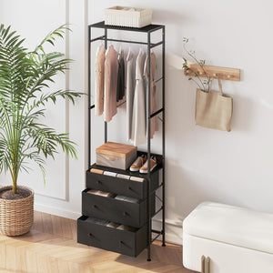 Appendiabiti con Cassetti in Tessuto, Armadio Autoportante con Asta Appendiabiti a 3 Posizioni e Ripiani di Stoccaggio, Ideale per Ingresso Camera da Letto, 55x28x176 cm (Nero)