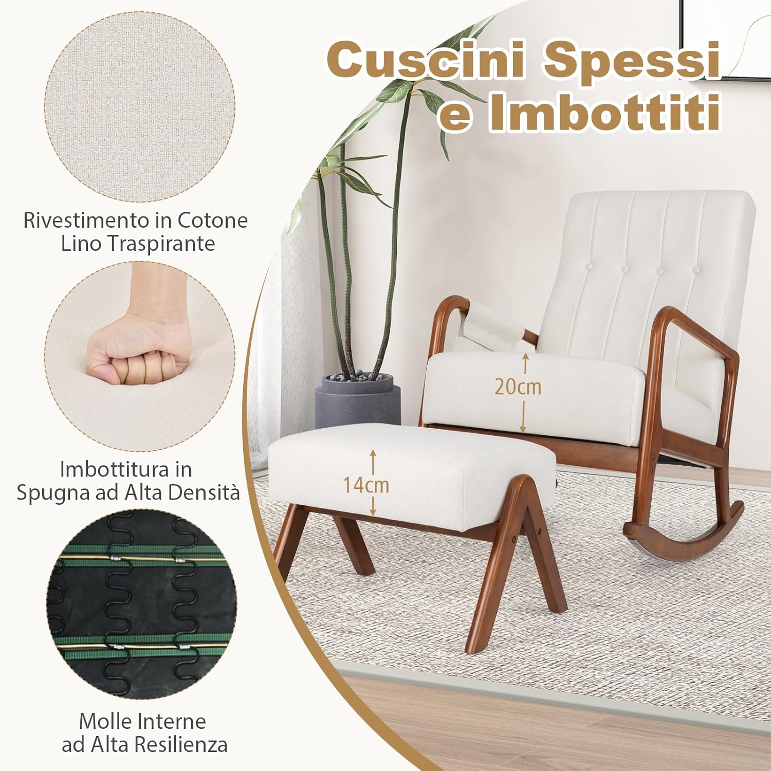 Poltrona Relax a Dondolo con Pouf, Sedia Soggiorno con Schienale Imbottito, Struttura in Legno, Tasca Laterale, Set Poltrona e Poggiapiedi per Soggiorno Camera da Letto