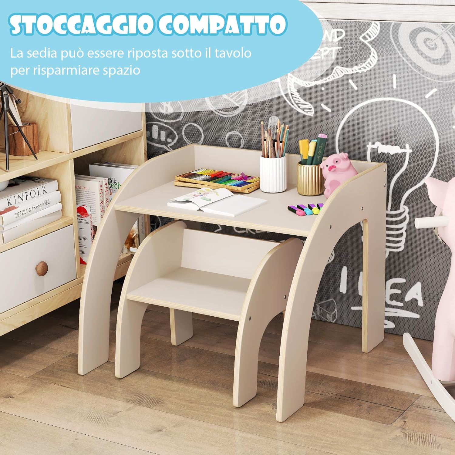 Set Tavolo e Sedie per Bambini 3+ Anni, Tavolino Legno con Sedie per Cameretta con Bordo Curvato e Ampio Piano, Mobile Salvaspazio per Camera da Letto, Soggiorno e Asilo (Bianco)