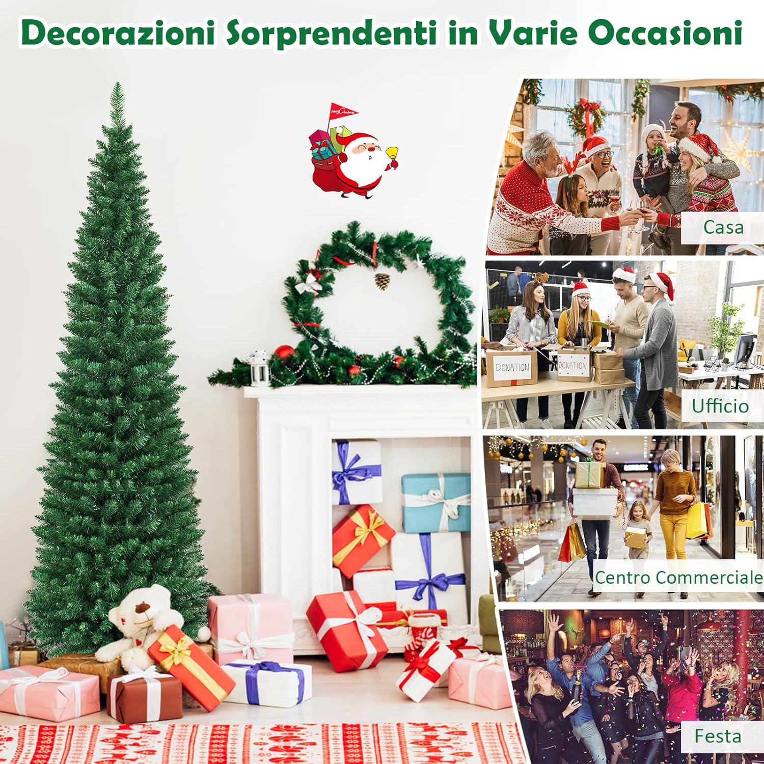 Albero di Natale 150/180/210/240 cm, Albero di Natale Slim con 220/400/700/1000 Rami Folti e Realistici e Base in Metallo, Albero di Natale Artificiale per Casa e Negozio, Verde (210 cm)