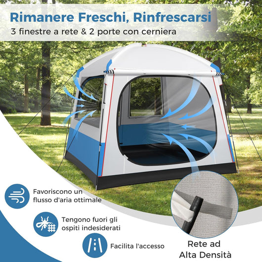 Tenda Campeggio 3-5 Persone, Tenda Doppia Porta, Tenda Anti UV Impermeabile e Antivento, Facile da Montare, per 3 Stagioni, Spiaggia Campeggio Pesca, 248 x 248 x 230 cm