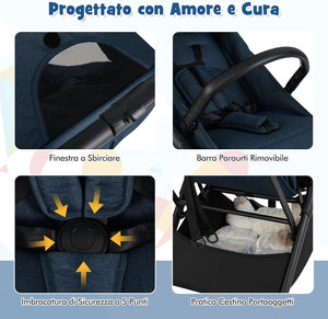 Passeggino Leggero per Bambini, Passeggino da Viaggio con Schienale Regolabile, Passeggino Portatile per Bambini con Schienale Reclinabile e Cappotta Regolabile, per Bambini 0-3 Anni (Blu)