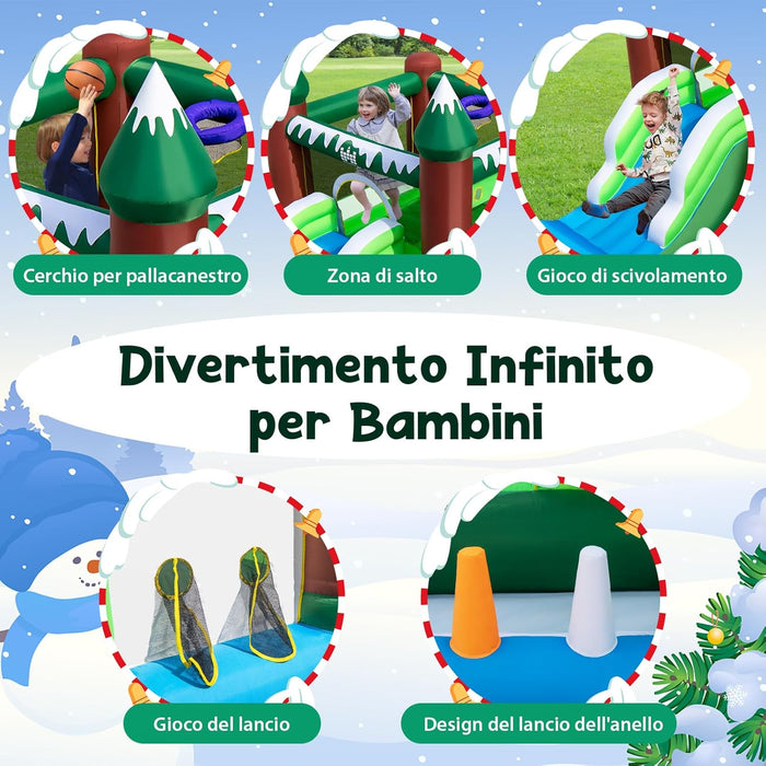 Castello Gonfiabile con Pupazzo di Neve, Gioco Gonfiabile per Bambini con Scivolo, Piscina di Palline, Basket, Gonfiabile con Pupazzo di Neve e Ventilatore da 735W, 380 x 340 x 245 cm
