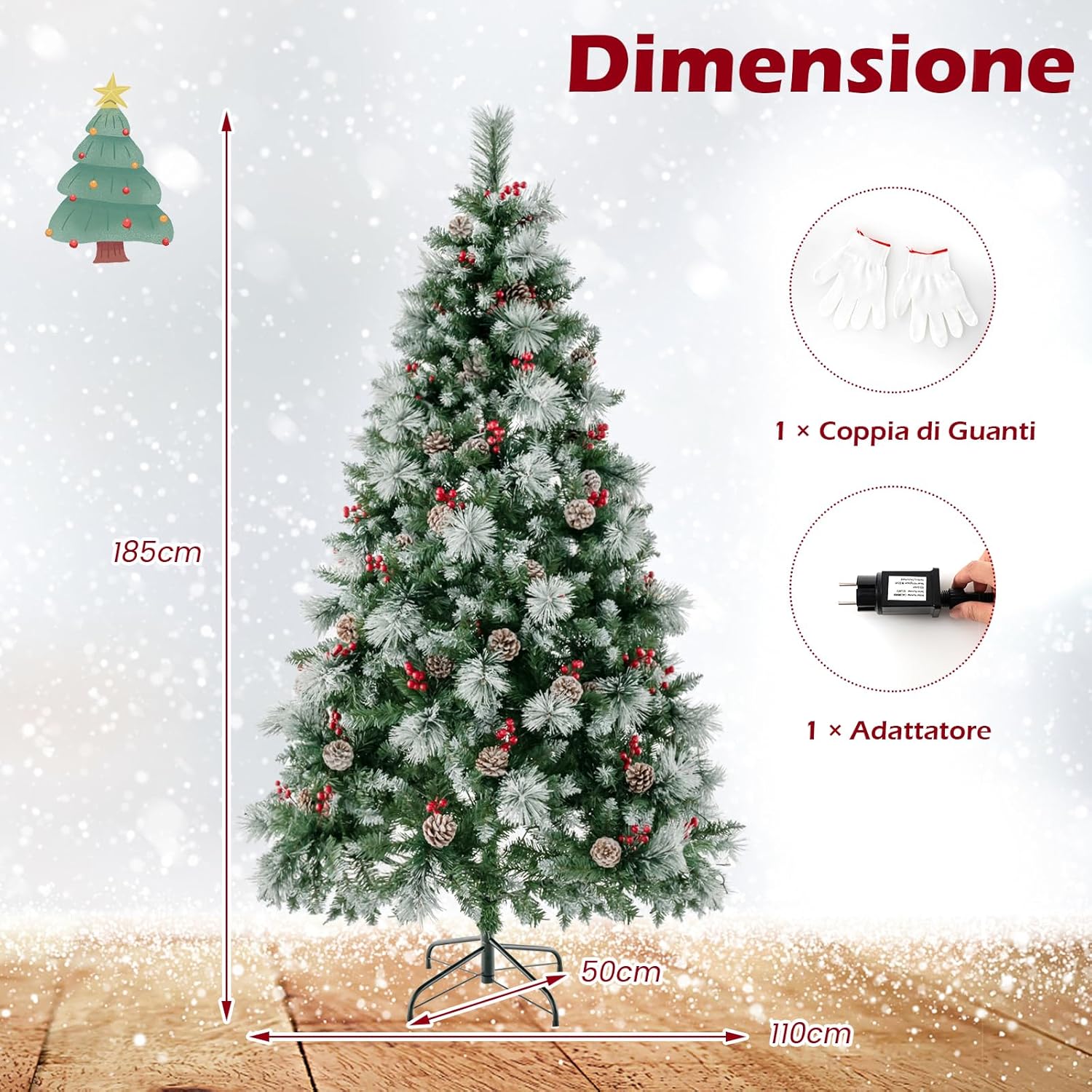 Albero di Natale Artificiale 185/215 cm Pre-Illuminato e Incernierato, con 747/1116 Punte, 350/400 Luci LED, 55/70 Pigne, 55/70 Bacche Rosse e 11 Modalità di Illuminazione (185 cm)