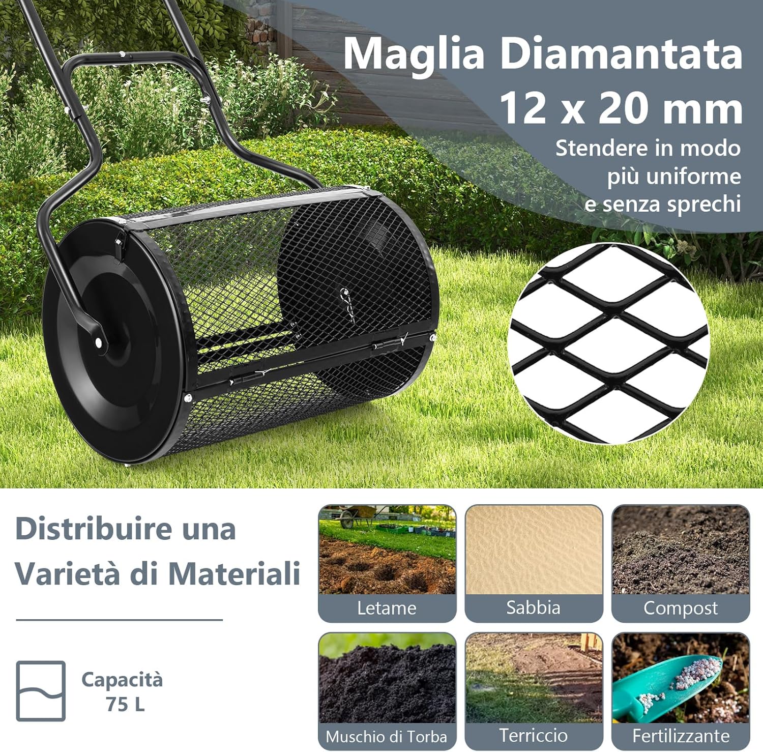 Spandiconcime a Rullo, Rullo da Giardino con Impugnatura Pratica Chiusure Laterali e Rete in Metallo per Concimazione e Semina, Spandiconcime per Prato e Giardino (41 x 60 cm Nero)