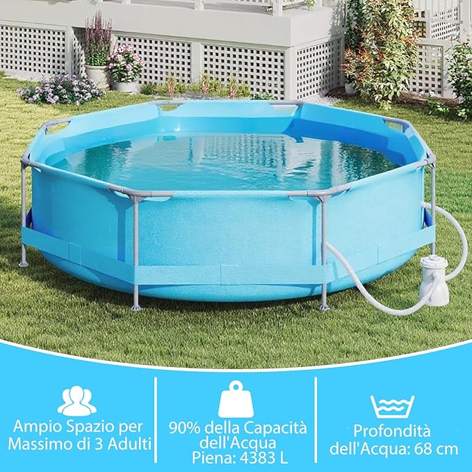 Piscina Fuori Terra 300 x 300 x 76 cm, Piscina Rotonda da Esterno con Struttura Metallica e Pompa Filtro, Capacità 4383 L, da Giardino per Adulti (3 m x 76 cm)