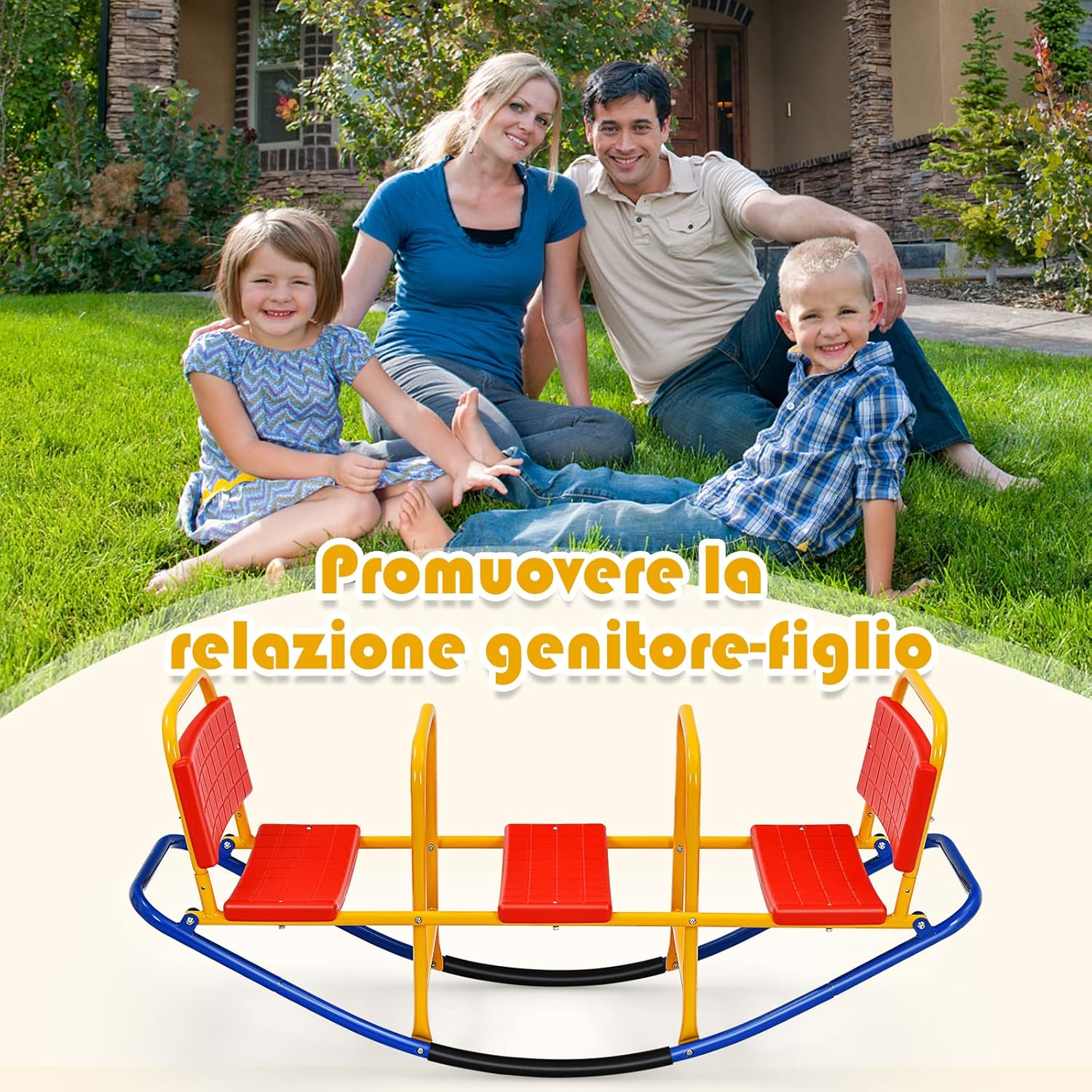 Altalena Saliscendi per Bambini, Altalena Basculante Oscillante di Metallo con Maniglie, Altalena Basculante per Interno ed Esterno, 3 Posti a Sedere (Rosso)