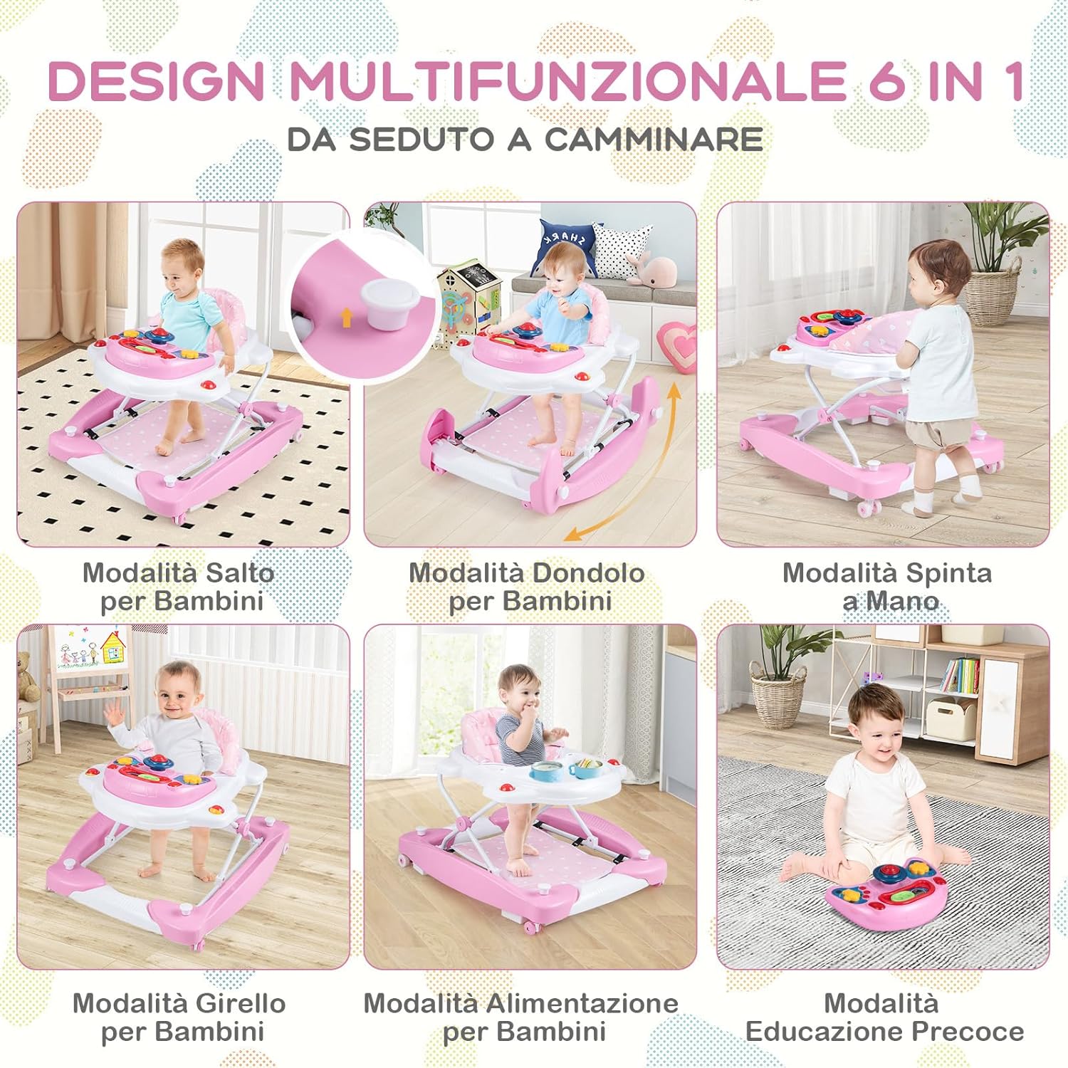 Girello per Bambini 6 in 1, Primi Passi per Neonati con Altezza Regolabile, Sedia a Dondolo per Bambini, Girello Pieghevole con Vassoio Musicale, Cuscino, per Bambini 6+ Mesi (Rosa)