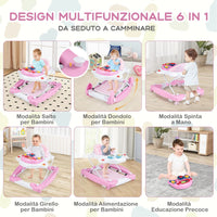 Girello per Bambini 6 in 1, Primi Passi per Neonati con Altezza Regolabile, Sedia a Dondolo per Bambini, Girello Pieghevole con Vassoio Musicale, Cuscino, per Bambini 6+ Mesi (Rosa)