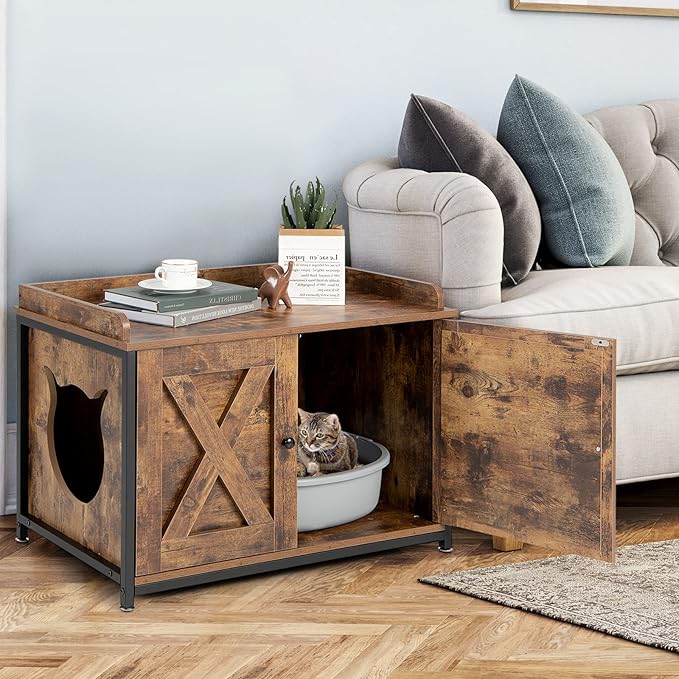 Lettiera per Gatti con Porta Apribile, Ingresso Laterale e Divisorio Rimovibile, Casetta per Gatti Multiuso, Adatto a Soggiorno, Ingresso e Camera da Letto, Portata 45 kg, 80 x 50 x 58 cm