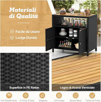Armadietto Portaoggetti in Rattan, Mobile Buffet per Esterni in Legno di Acacia, Con Compartimento Aperto e Armadio Chiuso a 2 Ante, per Piscina, Terrazza e Patio, 90 x 53 x 86 cm (Nero)