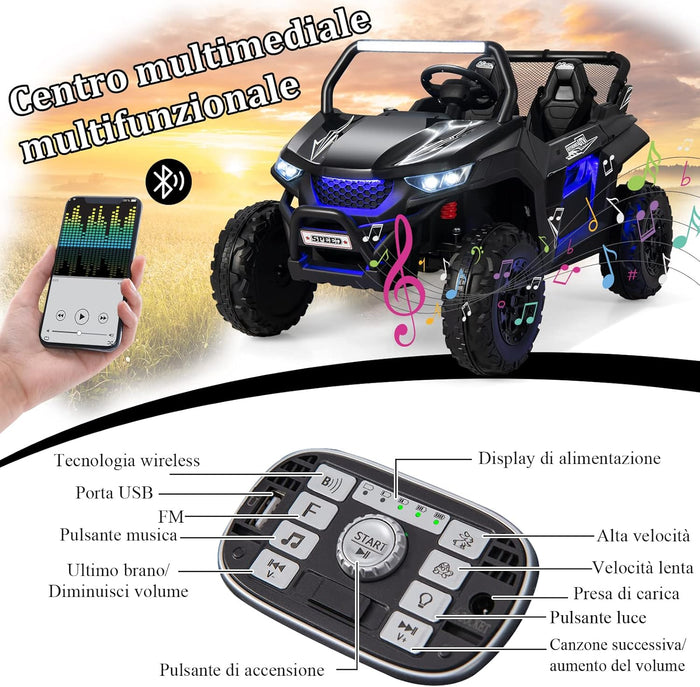 12V Auto Elettrico per Bambini, Macchina Fuoristrada a 2 Posti, Macchina Elettrica con Luci Suoni, Regalo per Bambini 3-8 Anni, 118x74x71 cm (Nero)