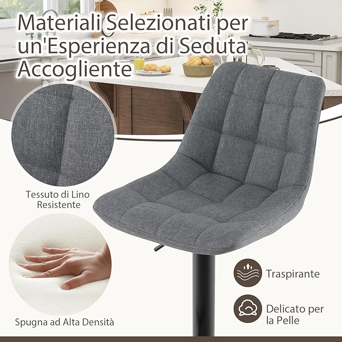 2 Sgabelli Regolabile in Altezza in Tessuto, Sgabello Cucina Girevole a 360° con Poggiapiedi e Seduta Imbottita, Sedia Portata 150 kg per Sala da Pranzo e Penisola Cucina
