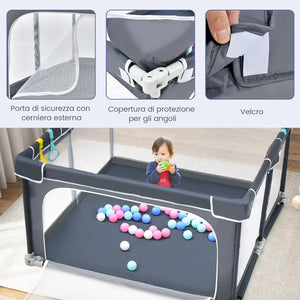 Recinto per Bambini, Box per Bambini con Rete Traspirante, Centro Attività per Bambini con 50 Palline, Box Giochi per Bambini 0-3 Anni (Grigio Scuro, ‎124 x 124 cm)