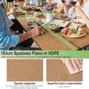 Tavolo con Panche da Esterno, Tavolo da Pranzo 183 CM con 2 Panche per 8 Persone, Tavolo da Picnic in Metallo e HDPE con Foro per Ombrellone, per Giardino Terrazzo (marrone)