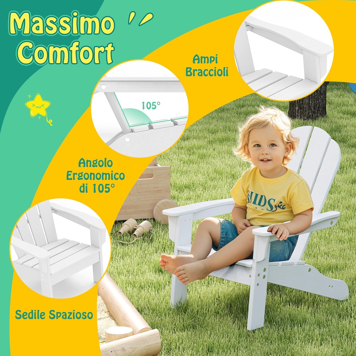 Sedia Adirondack per Bambini da Giardino, Sedie Ergonomica in HDPE con Schienale Inclinato e Braccioli, Poltrona per Interno ed Esterno, per Bambini 3 a 8 Anni, 52 x 53,5 x 64 cm (Bianco)