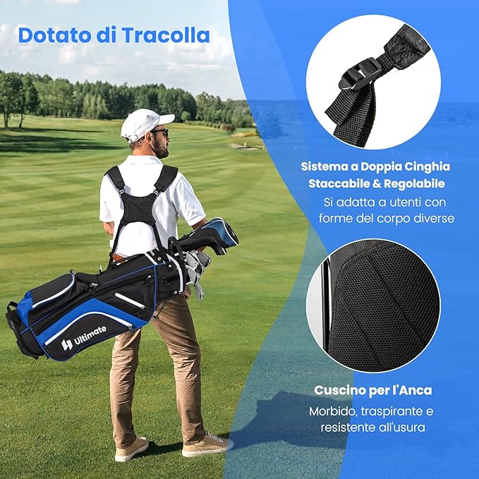 Sacca per Mazze da Golf, Borsa da Golf con Supporto, Divisori a 14 Vie, 6 Tasche, Borsa Frigo, Doppia Tracolla e Cappuccio Antipioggia, Ideale per Uomini e Donne