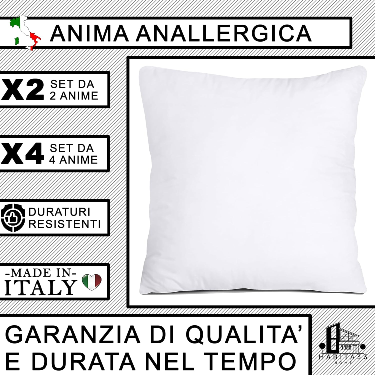 Set 2 Imbottiture Cuscini Divano 45 cm, Anima Anallergica, Cuscino Morbido per Arredo, Cuscino Interno Made in Italy (2 Imbottiture, 45x45 Cm)