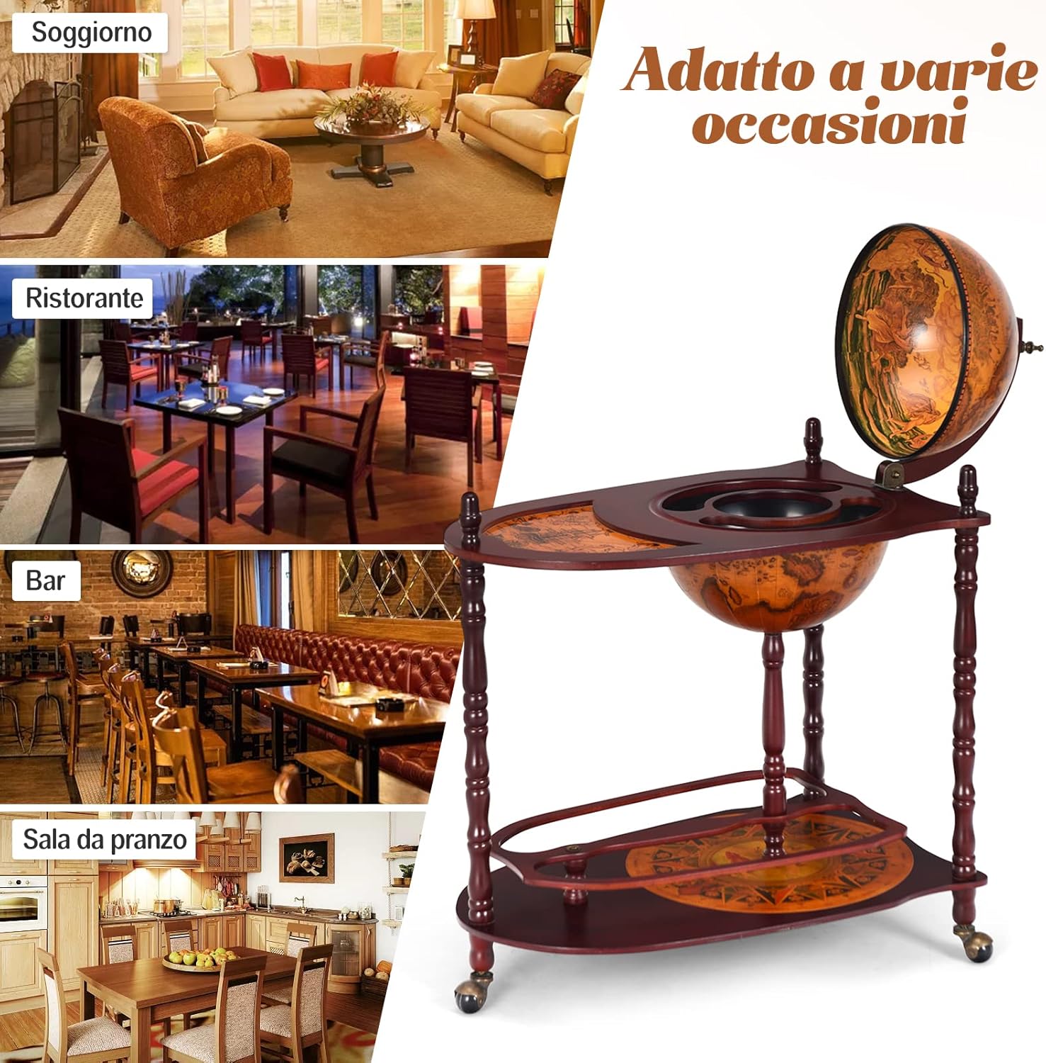 Mappamondo Bar con Ruote Mobili Porta Liquori Minibar Portabottiglie, 88 x 70 x 45 cm