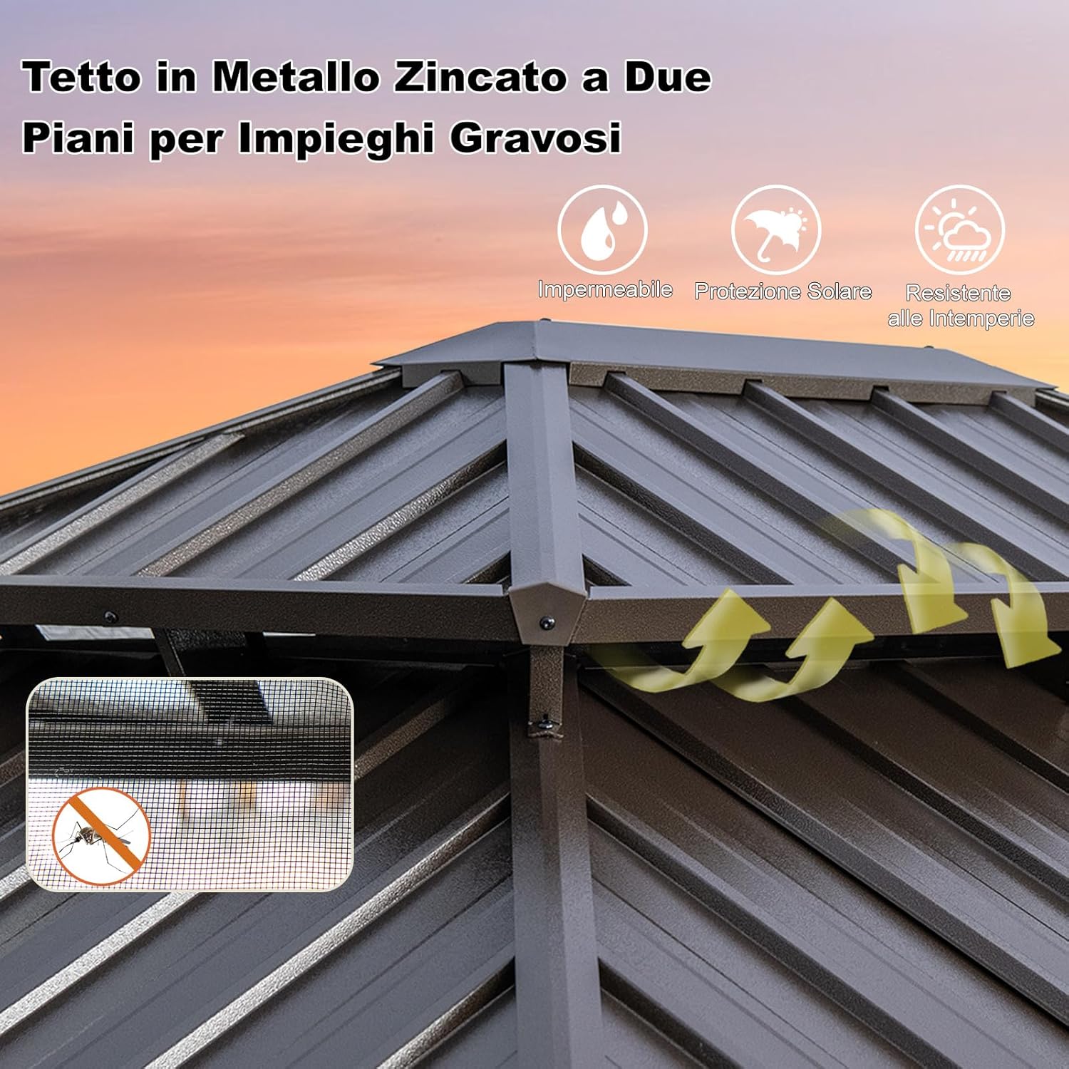 Gazebo da Giardino 3,5 x 3 m Hardtop Doppio Tetto, Gazebo in Metallo Zincato e Alluminio Effetto Legno con Zanzariera e 4 Teli Laterali, Gazebo Hardtop per Terrazza e Giardino, Marrone