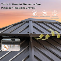 Gazebo da Giardino 3,5 x 3 m Hardtop Doppio Tetto, Gazebo in Metallo Zincato e Alluminio Effetto Legno con Zanzariera e 4 Teli Laterali, Gazebo Hardtop per Terrazza e Giardino, Marrone