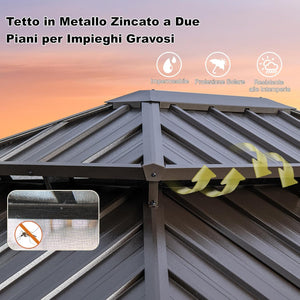 Gazebo da Giardino 3,5 x 3 m Hardtop Doppio Tetto, Gazebo in Metallo Zincato e Alluminio Effetto Legno con Zanzariera e 4 Teli Laterali, Gazebo Hardtop per Terrazza e Giardino, Marrone