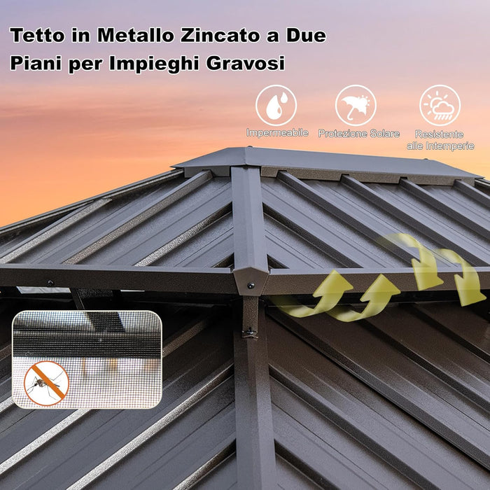 Gazebo da Giardino 3,5 x 3 m Hardtop Doppio Tetto, Gazebo in Metallo Zincato e Alluminio Effetto Legno con Zanzariera e 4 Teli Laterali, Gazebo Hardtop per Terrazza e Giardino, Marrone