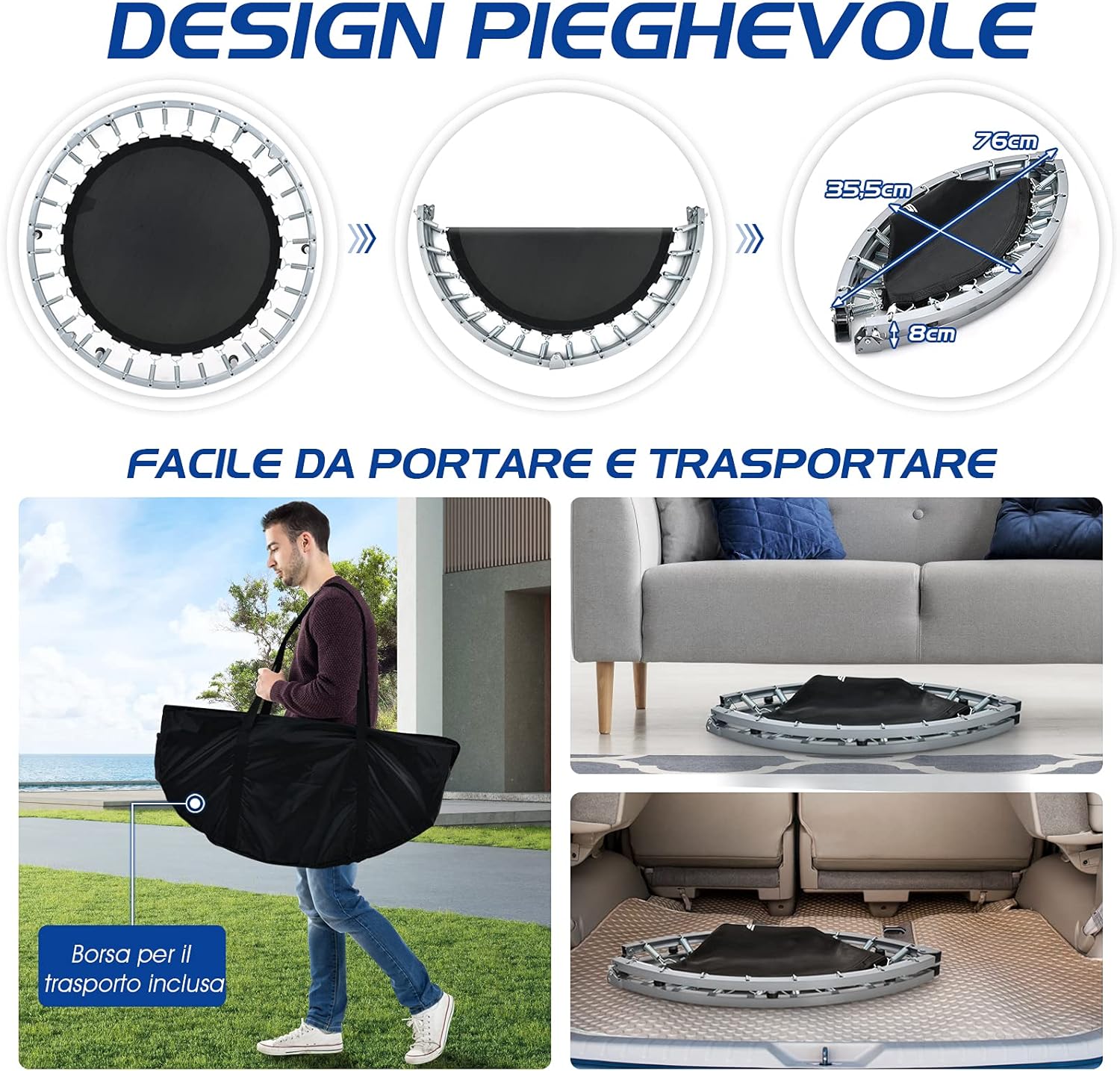 Trampolino per Bambini e Adulti, Tappeto Elastico Pieghevole e Regolabile in 4 Altezze con Maniglia, Capacità di Carico 150 kg