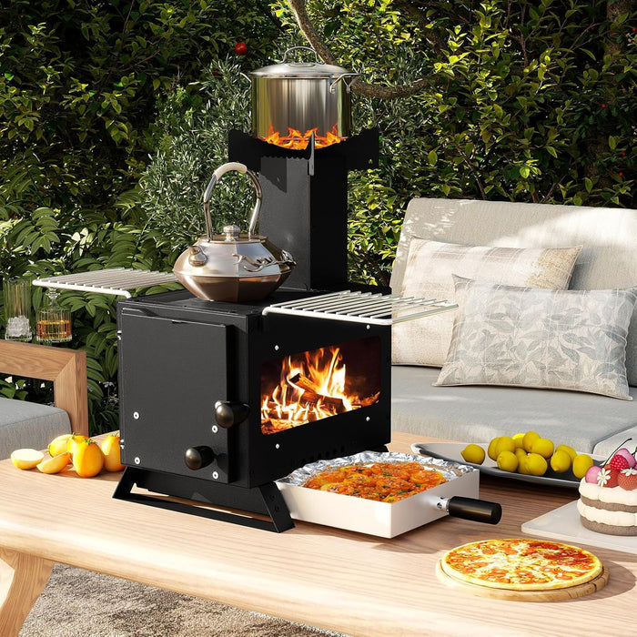 Barbecue a Carbonella, Stufa a Legna Portatile con Porta Pentole, Teglia da Forno e 2 Griglie, Grill da Esterno per Campeggio e Viaggio in Camper, Escursioni, 54 x 36 x 44 cm