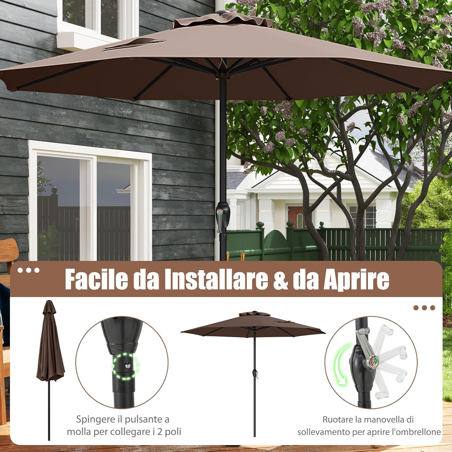Ombrellone da Giardino da 260/360 cm, Ombrellone Parasole con Manovella, Ombrellone da Spiaggia con 8 Stecche, per Cortile Piscina Giardino (Caffè,260 cm)