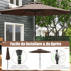 Ombrellone da Giardino da 260/360 cm, Ombrellone Parasole con Manovella, Ombrellone da Spiaggia con 8 Stecche, per Cortile Piscina Giardino (Caffè,260 cm)