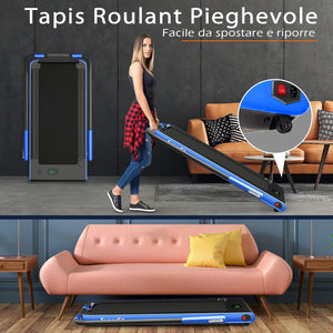 Tapis Roulant 2 in 1, Tapis Roulant Elettrico Pieghevole Salvaspazio da 0,75HP con App e Telecomando, Supporto per Cellulare, Display a LED e Altoparlante (Blu)