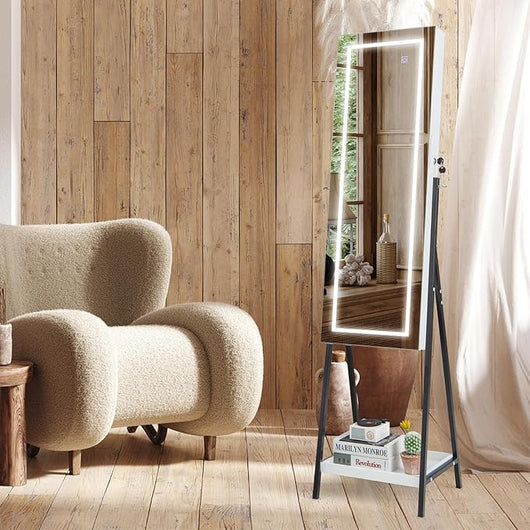 Armadietto Portagioie da Terra, Specchio Portagioie a 3 Colori LED, Specchio per Trucco con Altezza e Angolo Regolabile, Organizer per Gioielli con Ripiani e 2 Cassetti Interni (Bianco)