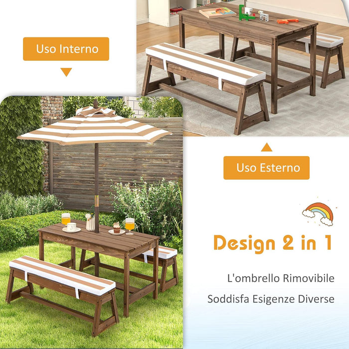 Tavolo da Picnic per Bambini con Parasole Pieghevole, Set di Tavolo e Panca in Legno con Cuscini, per Giardino, Cortile, Patio (Marrone)