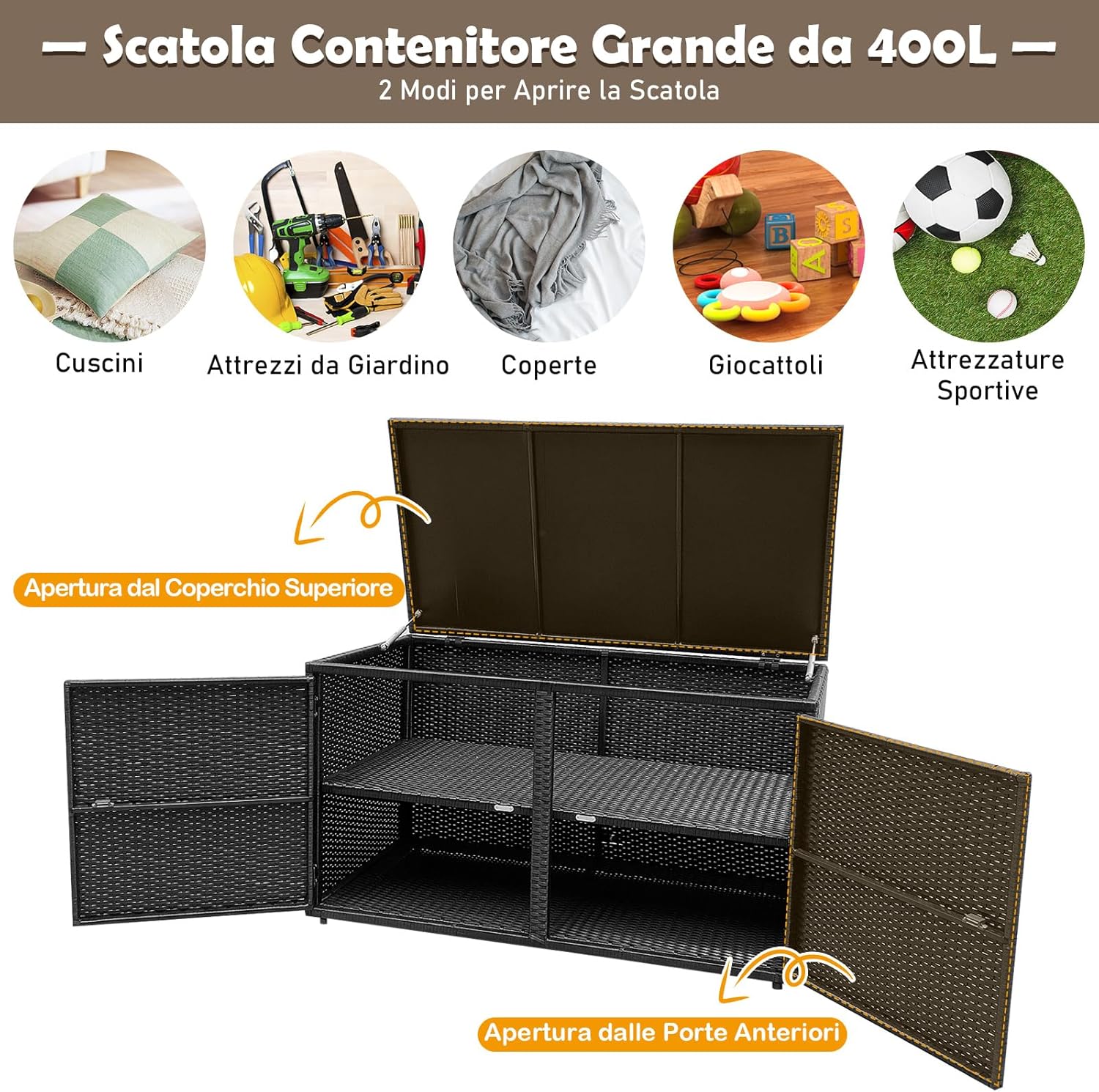 Baule Contenitore da 335 L, con Coperchio e 2 Ripiani, Contenitore da Giardino con Telaio in Acciaio, Baule Cassapanca per Attrezzi e Giocattoli, per Interno ed Esterno (Nero)