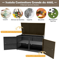 Baule Contenitore da 335 L, con Coperchio e 2 Ripiani, Contenitore da Giardino con Telaio in Acciaio, Baule Cassapanca per Attrezzi e Giocattoli, per Interno ed Esterno (Nero)