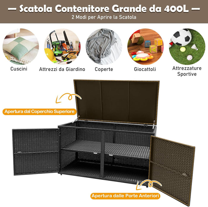 Baule Contenitore da 335 L, con Coperchio e 2 Ripiani, Contenitore da Giardino con Telaio in Acciaio, Baule Cassapanca per Attrezzi e Giocattoli, per Interno ed Esterno (Nero)