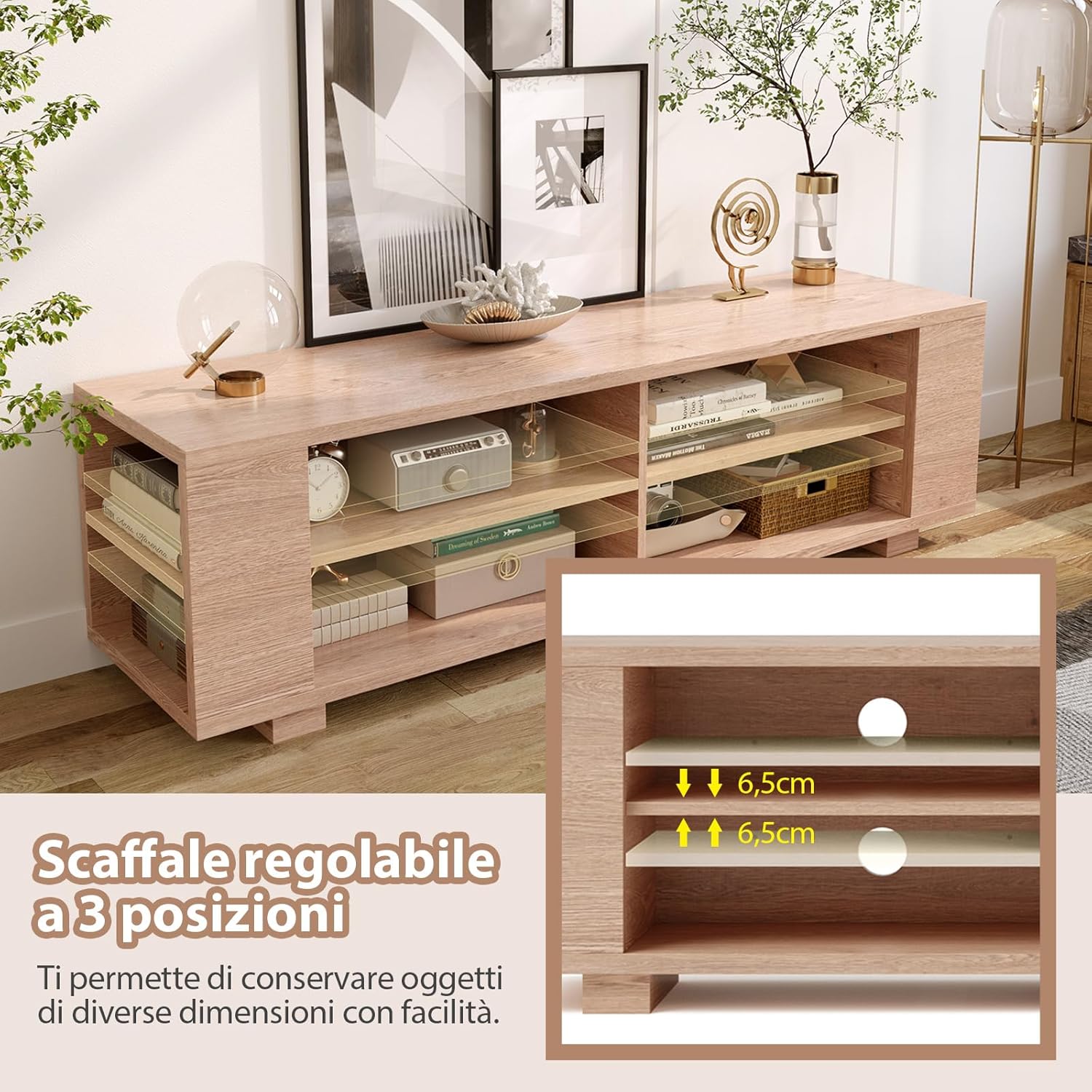 Mobile Porta TV per TV Fino a 65 Pollici, Mobile TV a 3 Livelli con 4 Scomparti Aperti, 4 Vani Laterali, Fori per Cavi, Stile Moderno, 150 x 39 x 45 cm (Naturale)